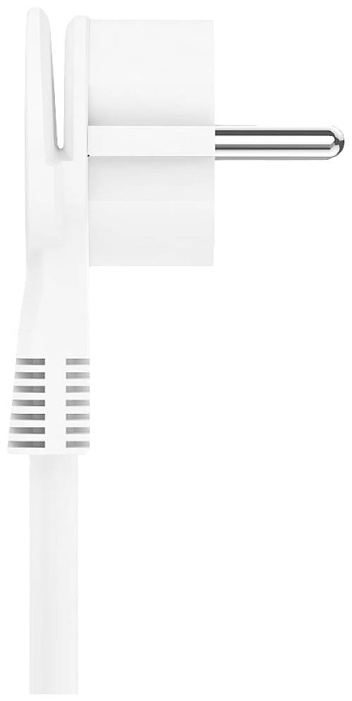 Side view of a white power adapter plugged into a socket. It has an integrated cable and ventilation slots.