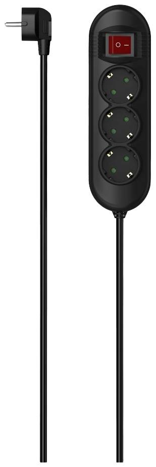 Black power strip with on/off switch, three sockets and a long cable. Ideal for connecting multiple devices.