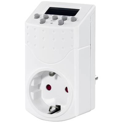 A white digital plug-in timer, with a display and multiple buttons for programming the on and off times of electrical devices.