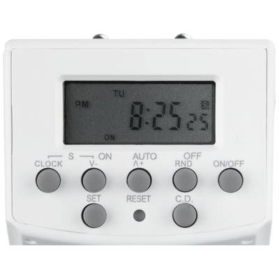 Digital timer with time display '8:25:25', buttons for clock, preset, automatic, random, on/off, set, reset, countdown.