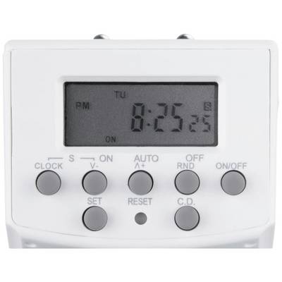 Digital timer with LCD screen displaying '8:25:35'. Buttons labelled with functions such as Clock, Auto, On/Off, and C.D.