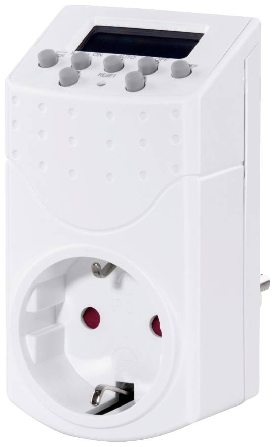 White digital timer plug with display and buttons. Used for automatic control of electrical devices.