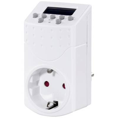 White digital timer plug with display and buttons. Used for automatic control of electrical devices.