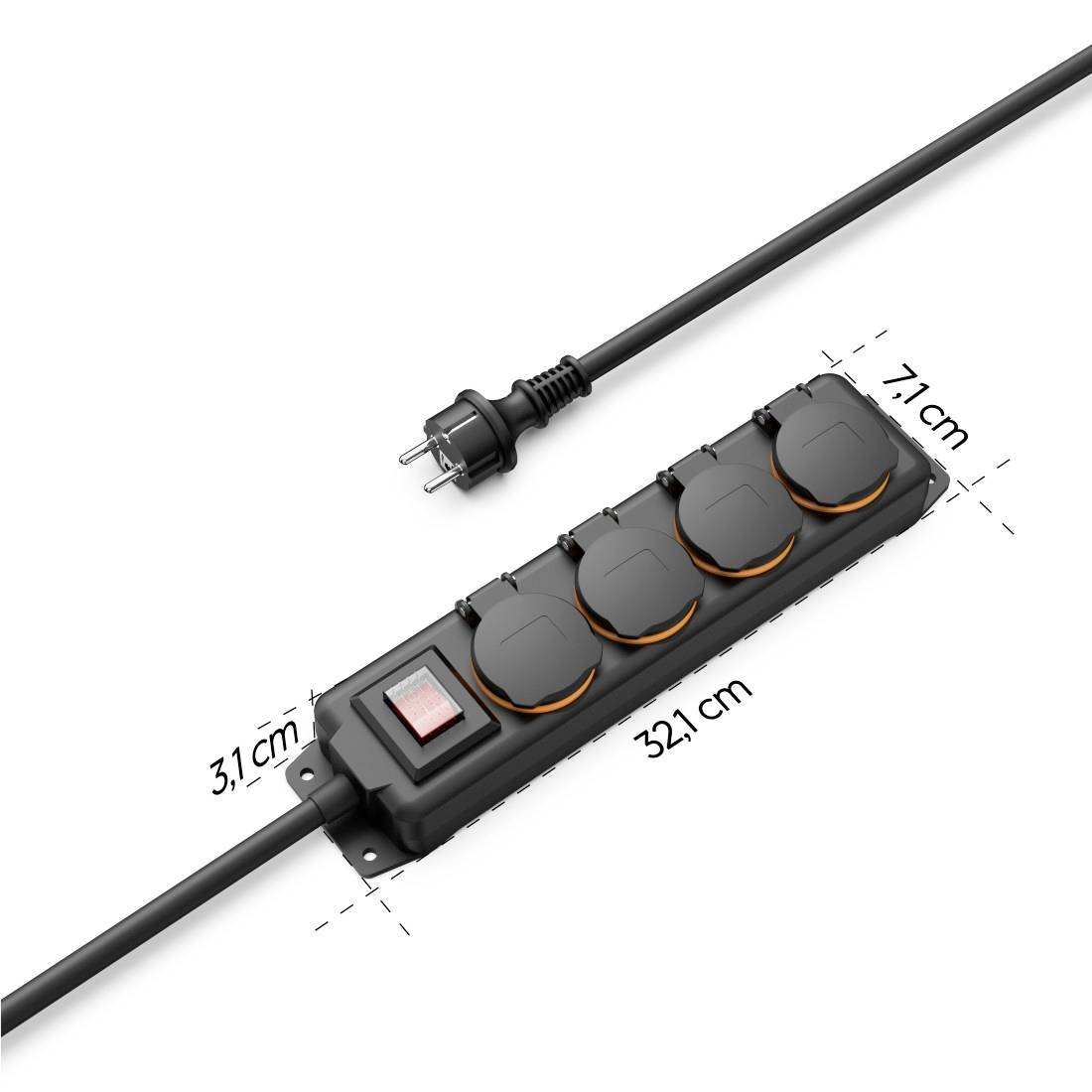 Four-socket power strip with switch and mains plug. Dimensions: Length 32.1 cm, Width 7.1 cm, Height 3.1 cm. Black design.