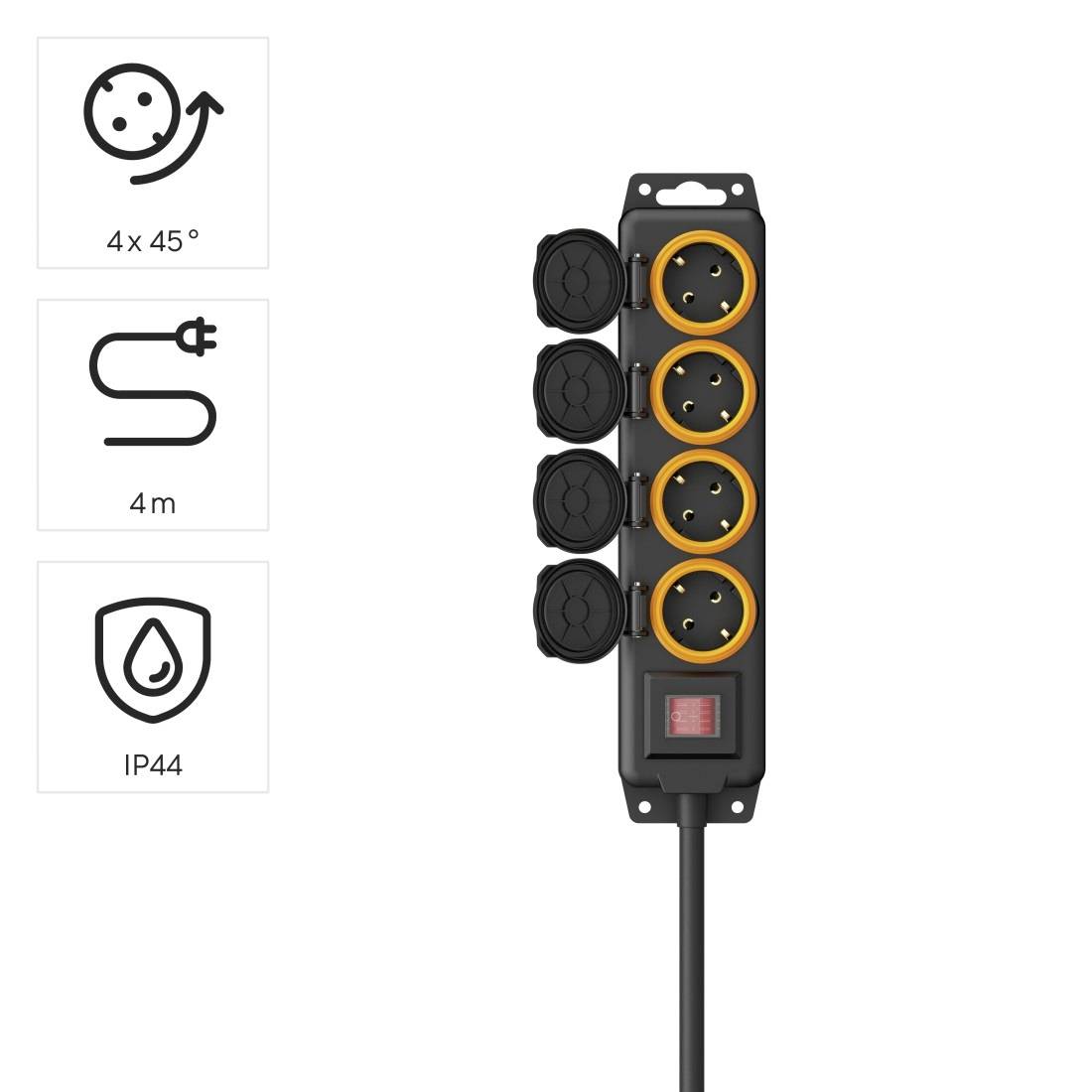 'Power strip with 4 sockets, orange-black, 4 m cable, IP44 protection rating. Suitable for indoor and outdoor use.'