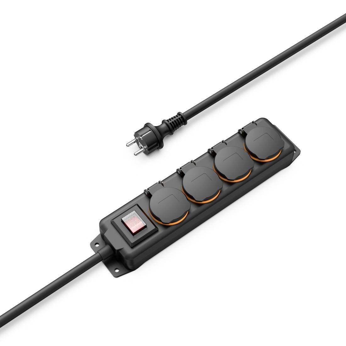 A black multi-socket extension lead with four sockets and a switch, connected to a power cable.