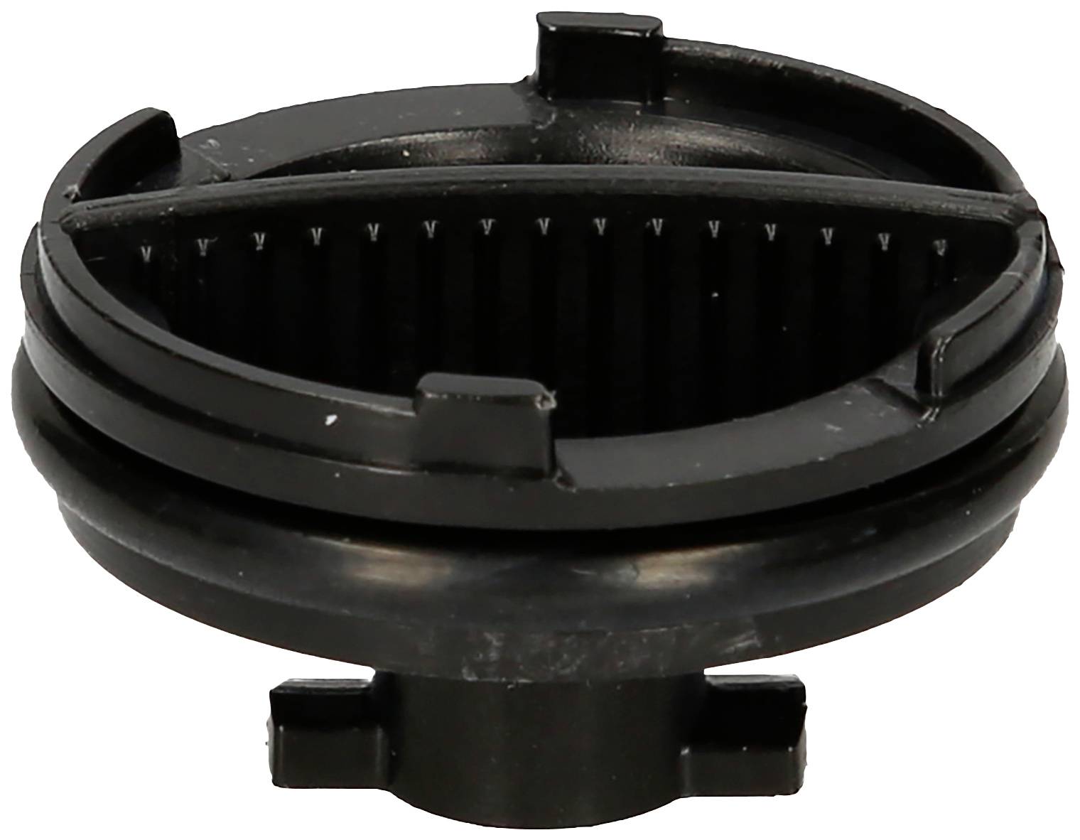 Black, round plastic component with three symmetrical tabs and a toothed inner ring, possibly a machine part.