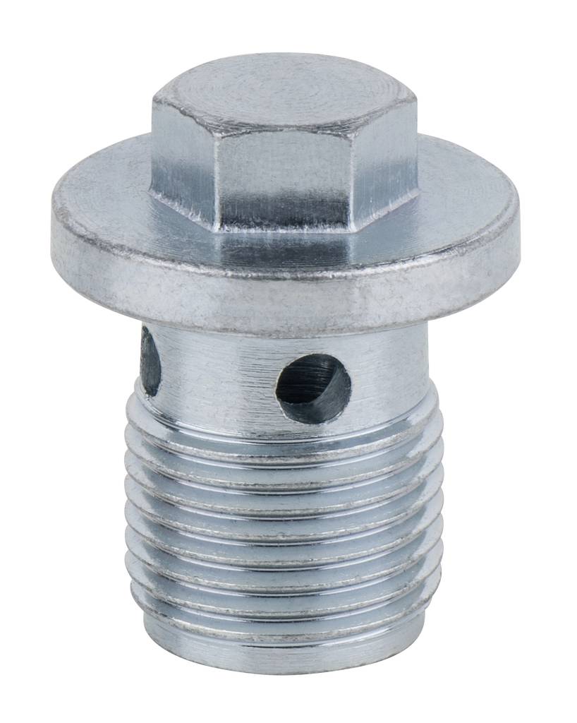 A hexagonal metal bolt with a washer and two side holes. It is used for securing parts.