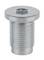 A silver metal threaded nut with a hexagonal internal profile, suitable for securing bolts.