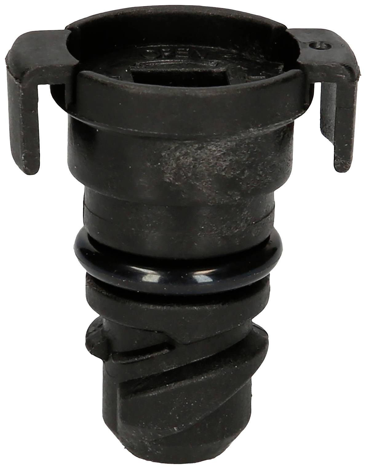 A black plastic connector with an O-ring and side clips. Commonly used in automotive or industrial engineering.