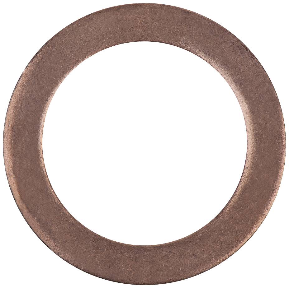 A flat, round copper disc with a central hole, typically used as a gasket or washer.