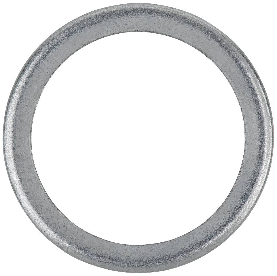 A silver, metallic ring against a white background, free from decorations.