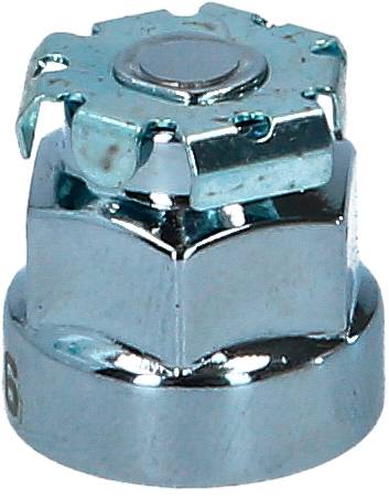 Metal wheel lock nut with hexagonal base and security cap for preventing theft of car wheel rims.