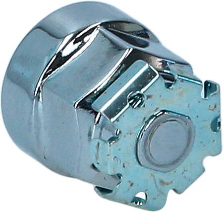 Round, shiny metal component with a serrated edge and a mechanism in the centre, possibly a closure part or rotary knob.