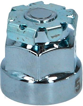 Silver wheel nut with angled, toothed upper section, reflective finish; for securing car wheels.