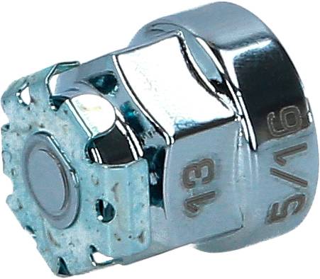 Metal hexagonal nut with rounded edges and an embedded magnetic core, with '5/16' and '13' stamped on it.