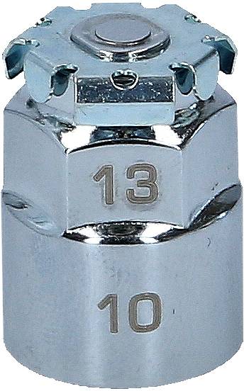 Metallic screw head attachment, showing numbers '13' and '10', with a shiny surface and hexagonal shape.