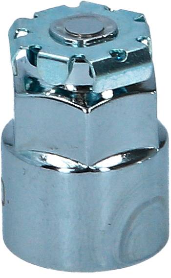 A silver-coloured metal hexagonal valve top with lever mechanism, suitable for plumbing applications.