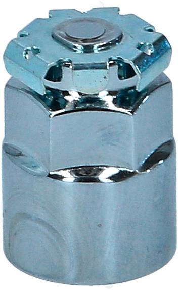 Metallic hexagonal screw nut with a shiny finish and serrated top surface, suitable for vehicle wheels.