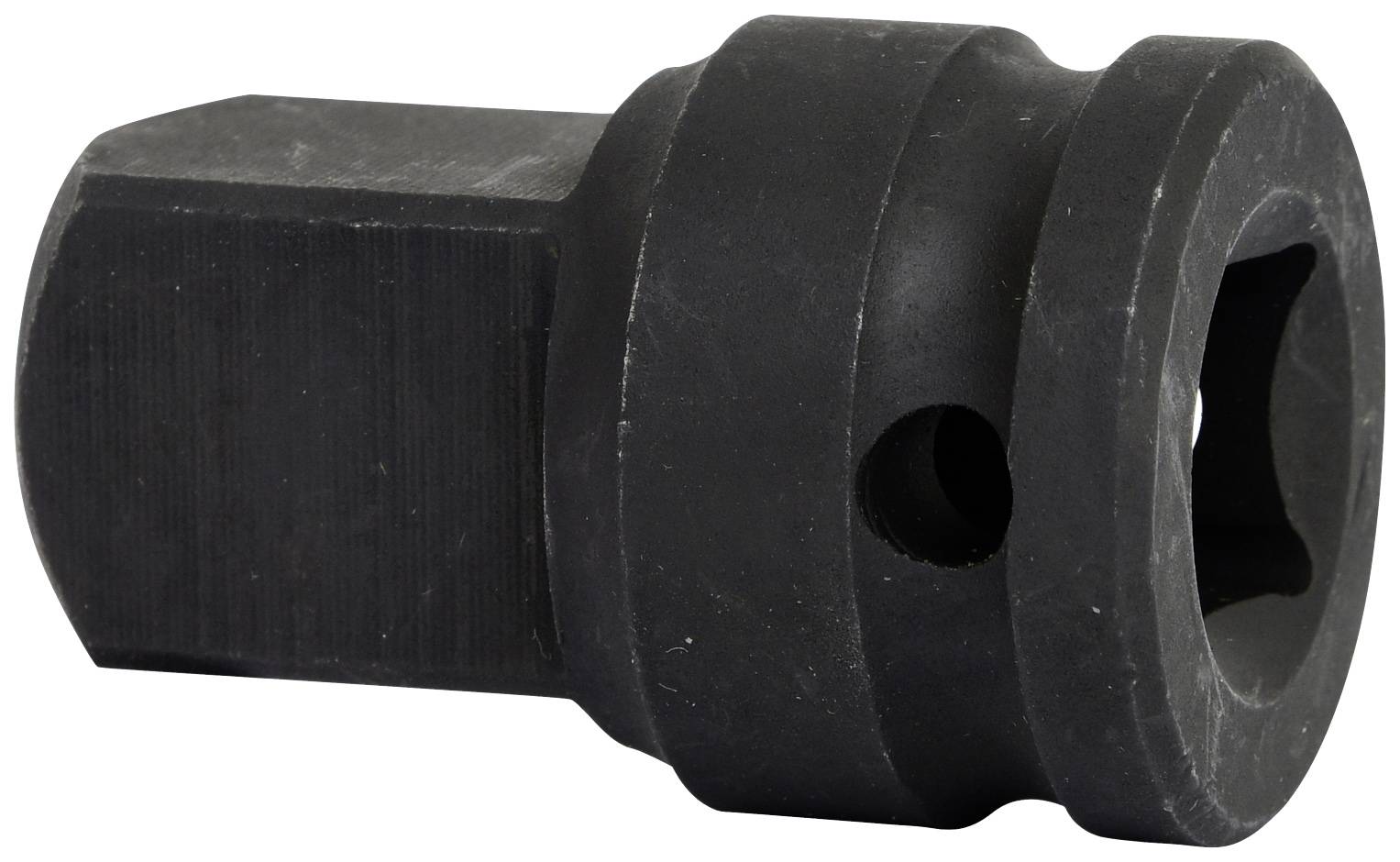 Black hex and round socket adapter tool, suitable for mechanical or craft work.