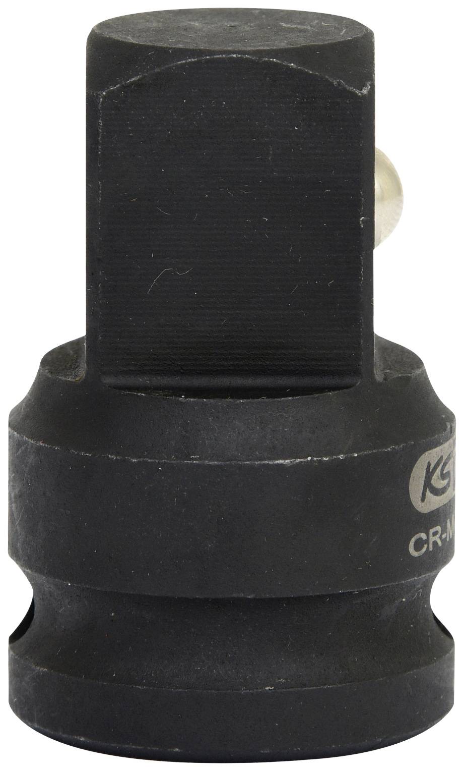Black metal tool adapter for connecting and transmitting torque between two tool components.