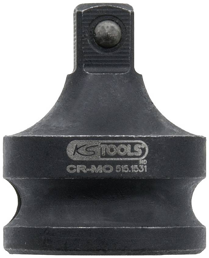 Black drive adaptor with marking 'KS TOOLS CR-MO'. Connects tools with different drive sizes.