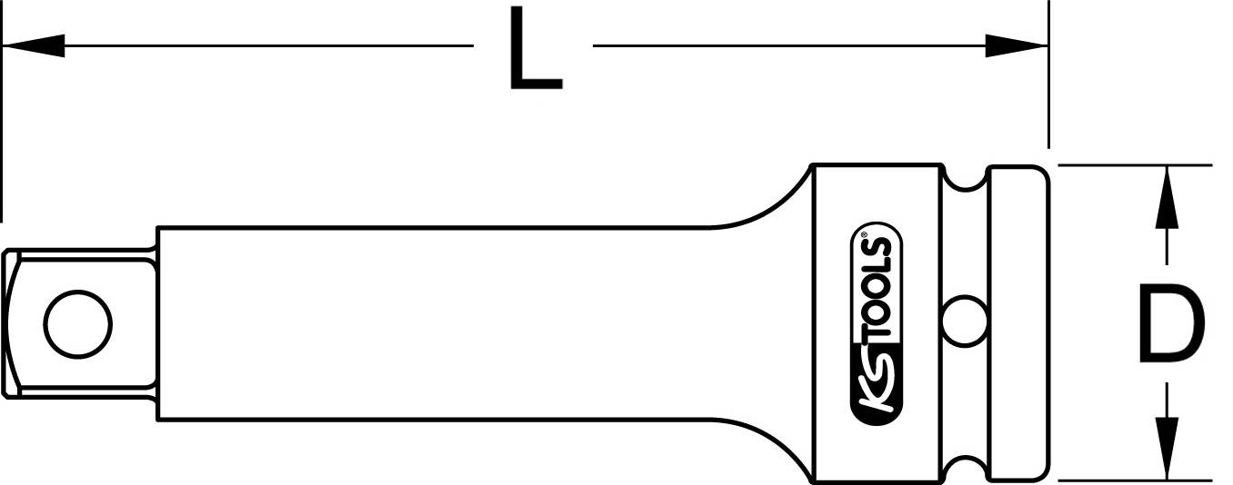 A technical drawing of a tool extension with dimensions 'L' for length and 'D' for diameter, brand logo visible.