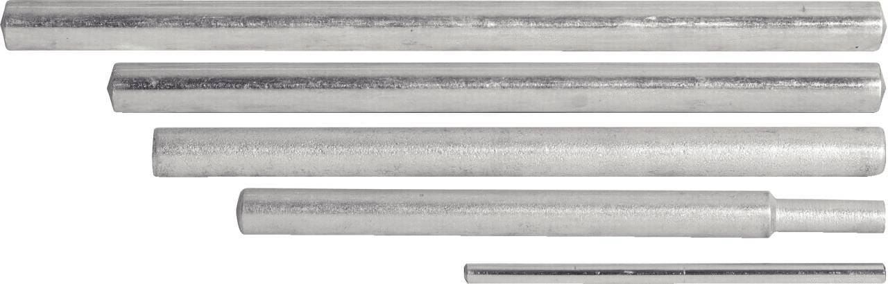 Five silver metal rods of varying lengths placed side by side on a white background.