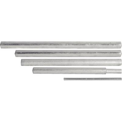 Five silver metal rods of varying lengths placed side by side on a white background.