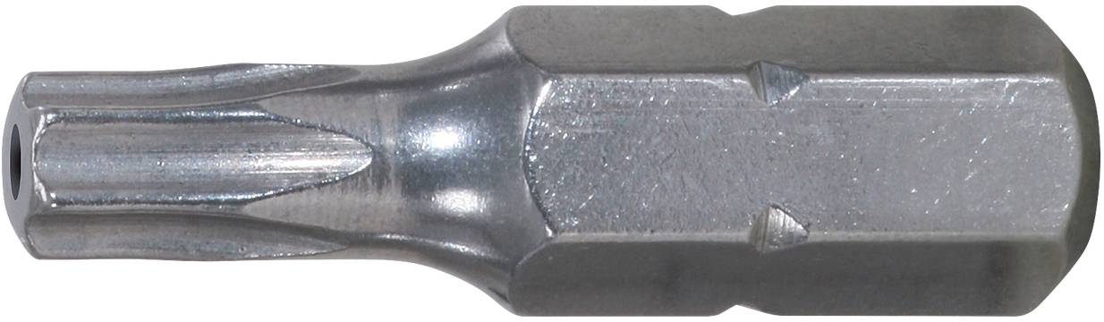 A metallic Torx bit with a six-pointed tip, suitable for use in Torx screws.