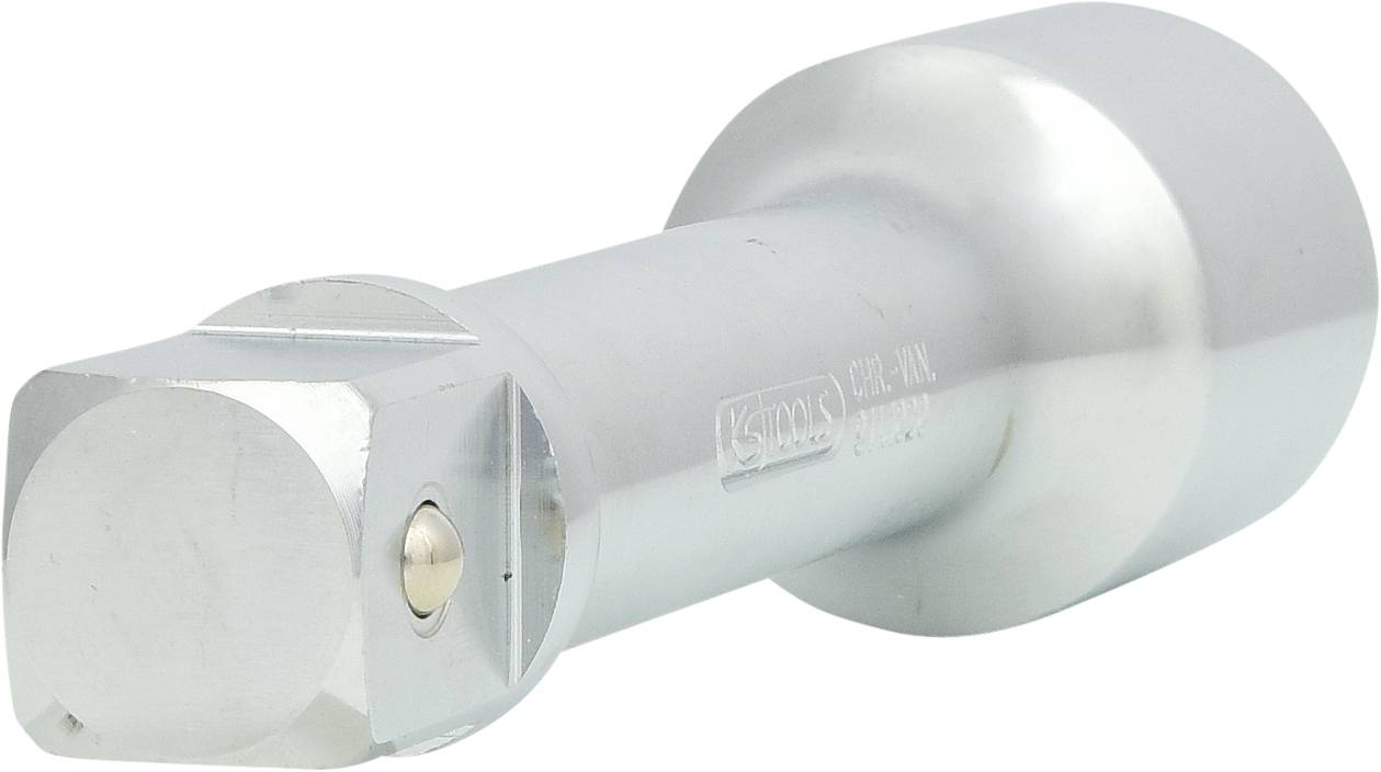 Silver metal attachment with a square opening at one end and a rounded cap at the other end, likely a tool component.