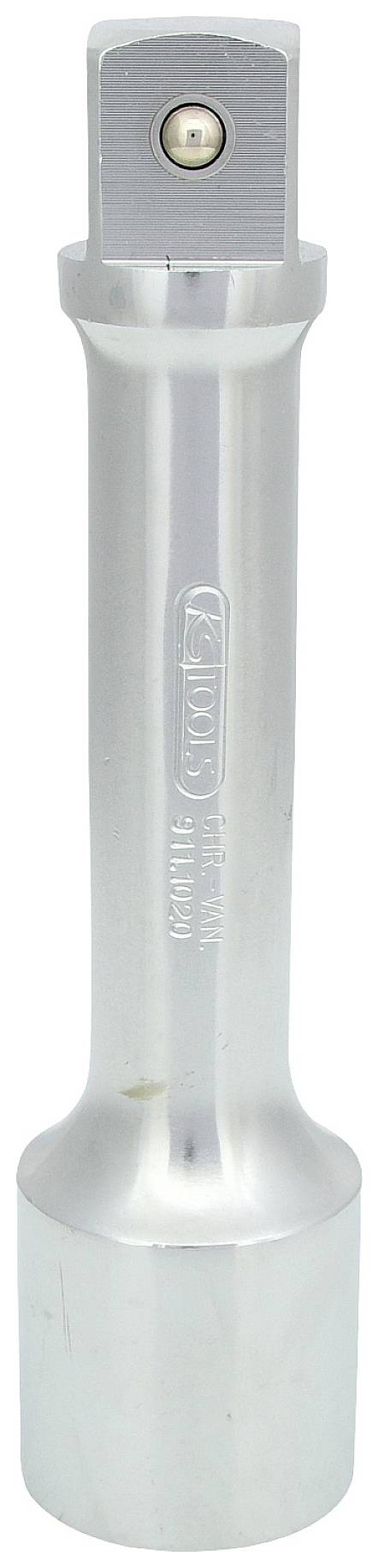 A silver metal socket extension adaptor, cylindrically shaped with a square end for attachment to tools.