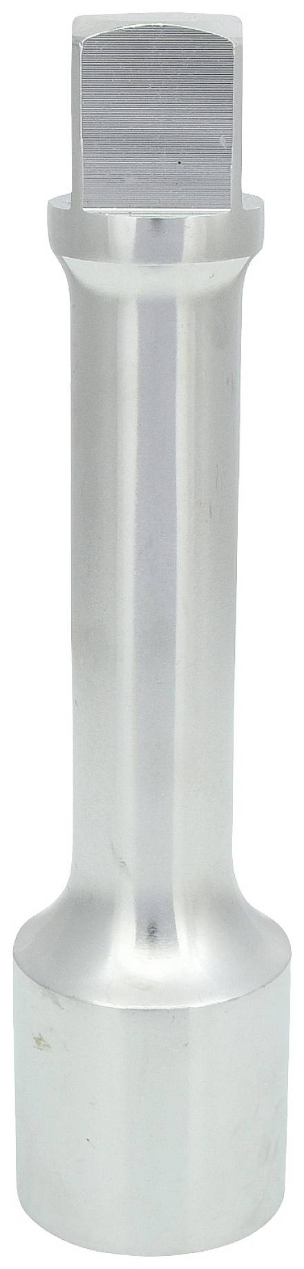 A silver-coloured socket extension adaptor, cylindrically shaped, for use in mechanical or electrical engineering work.