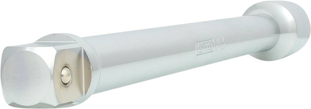 A long, chrome-plated spanner with a hexagonal opening, used for tightening or loosening screws and nuts.