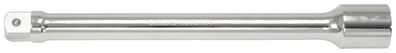 Chrome-plated extension bar for ratchets, cylindrical in shape, with a square head at one end, used in vehicle manufacturing.