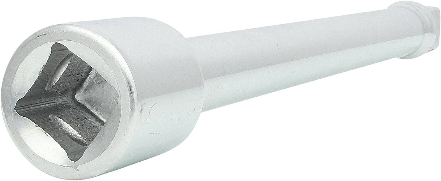 A silver wheel bolt spanner with a hexagonal socket reveals the internal teeth.