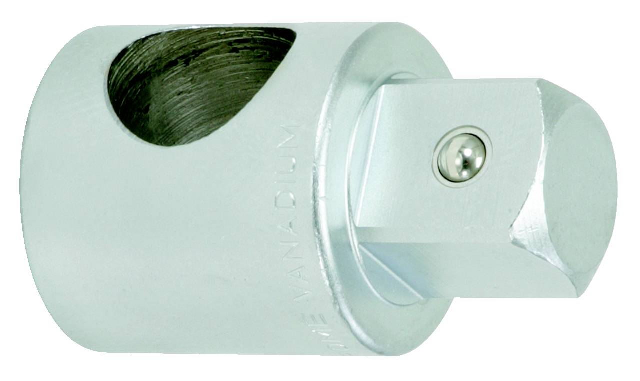 Metal adaptor for tools with a square head and a small hole on the side, likely for securing or loosening nuts.