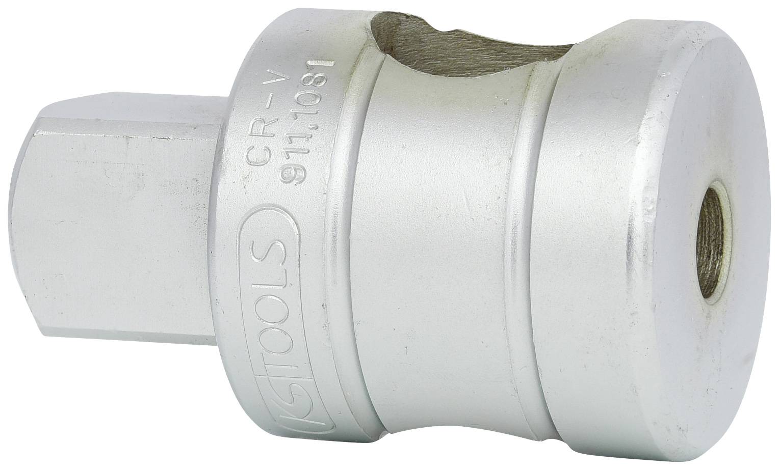 Metal socket insert with hexagonal drive and knurled edge, suitable for use in the automotive and machinery industries.