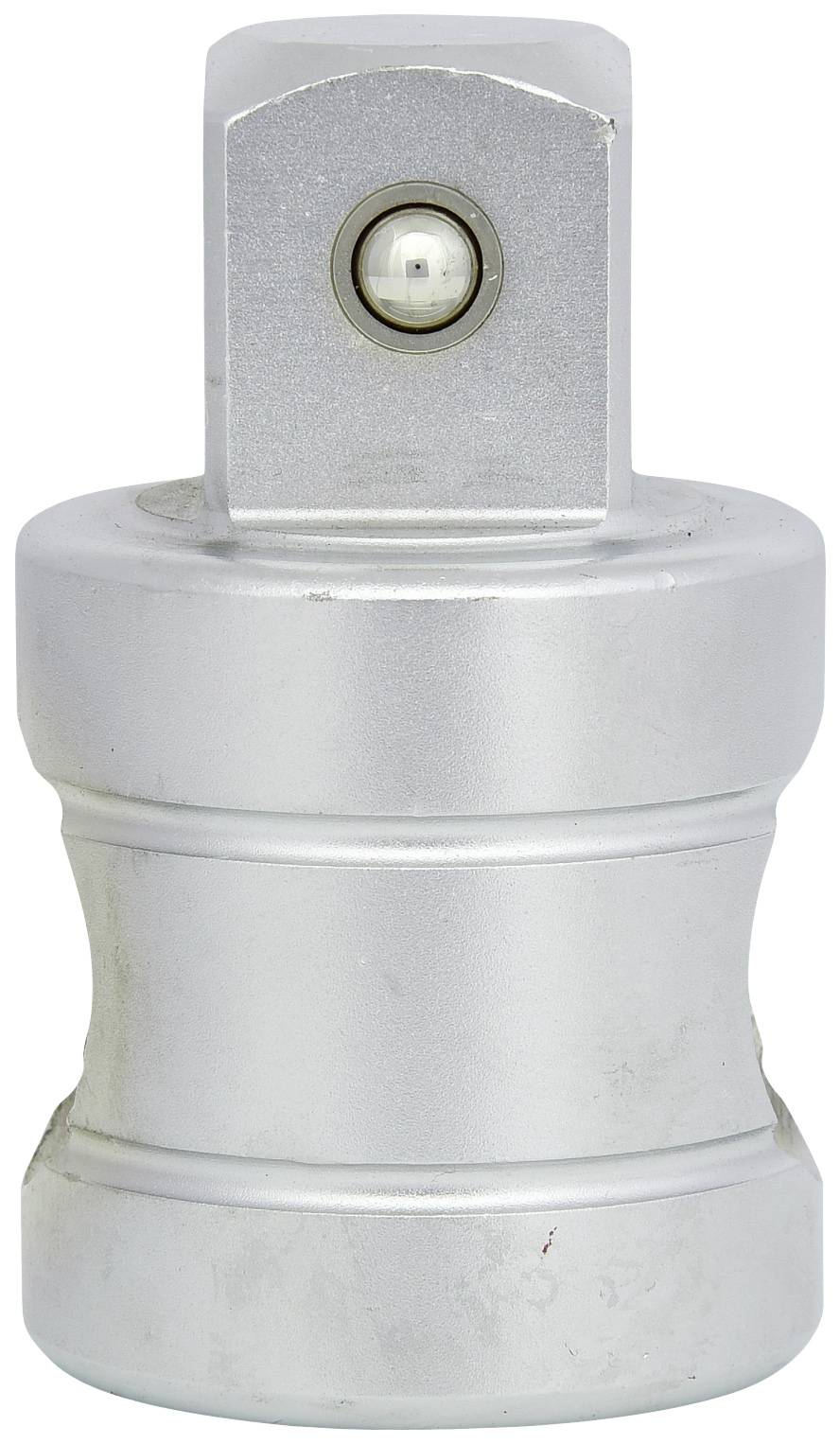 A silver socket extension with a square connecting piece and a spherical retaining device.