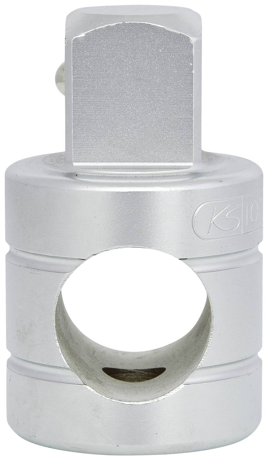 Silver cylindrical metal component with a large opening in the centre and a square elevation on the top surface.