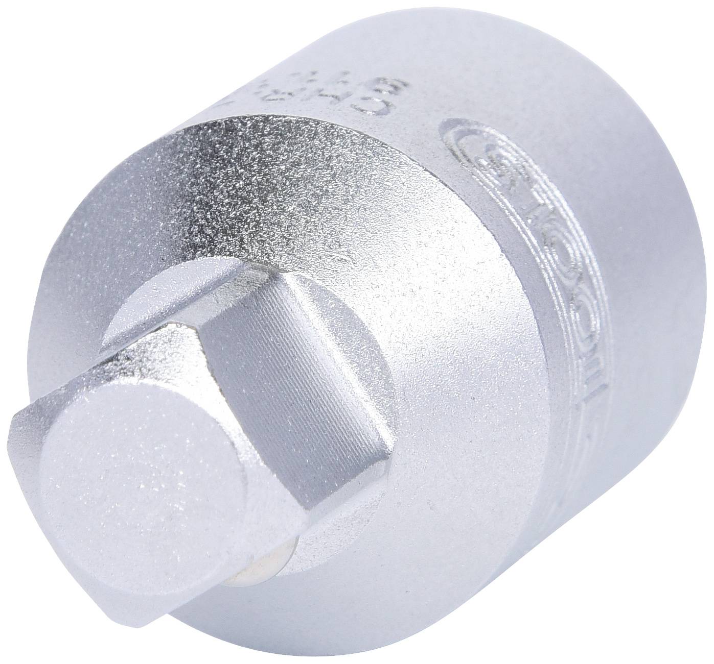 A silver cylindrical socket extension attachment used for tools such as ratchets.