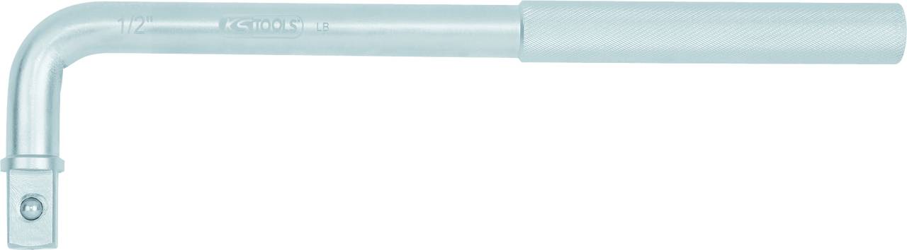 A silver L-shaped socket wrench handle, used for tightening or loosening nuts and bolts.