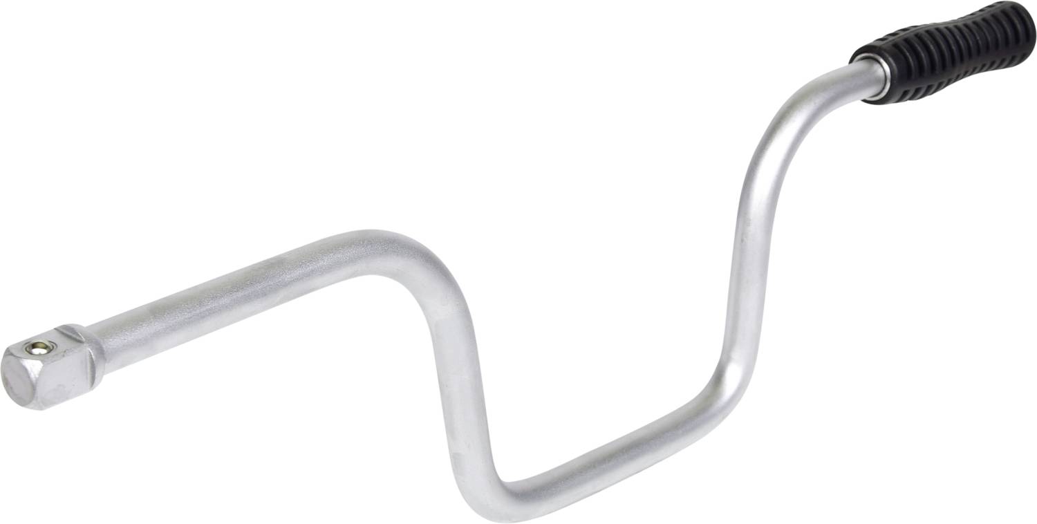 A silver-coloured crank arm with a black handle, commonly used to manually operate a car jack.