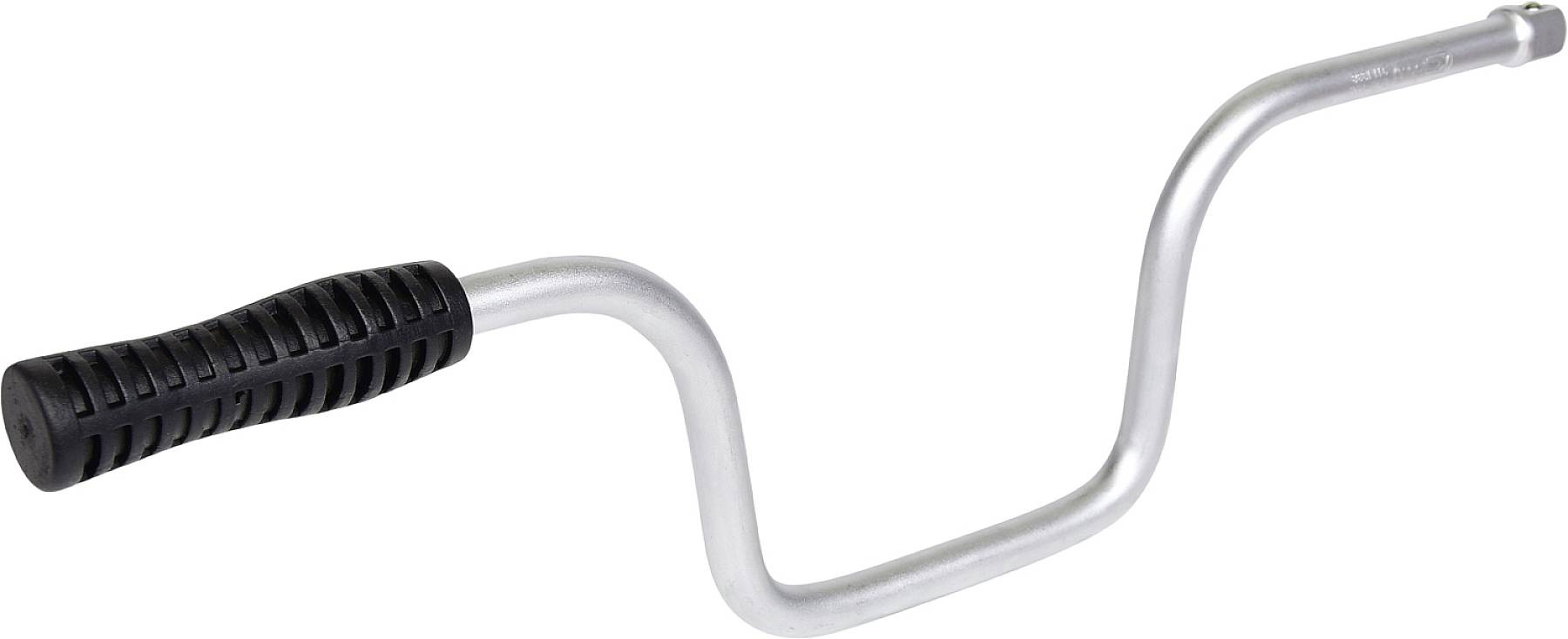 A silver, wave-shaped crank handle with a black, ribbed grip. Used for manual rotational movements.