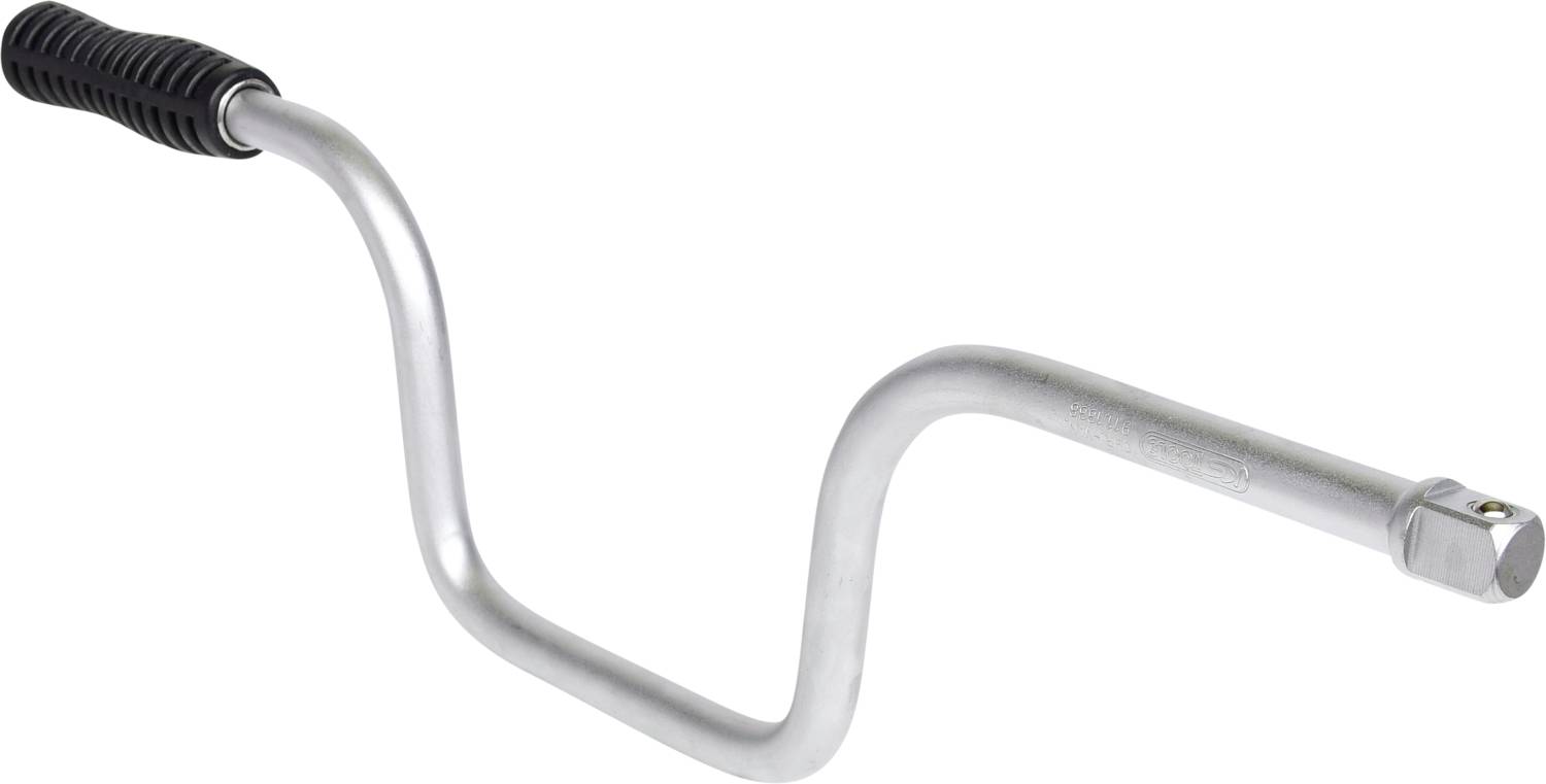 'Hand crank with metal handle and non-slip, ergonomic plastic end, used for driving manual devices or machines.'