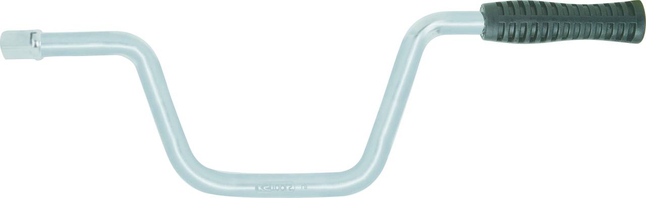 A silver water tap spanner with a black, ridged handle on the right side and a threaded socket on the left side.