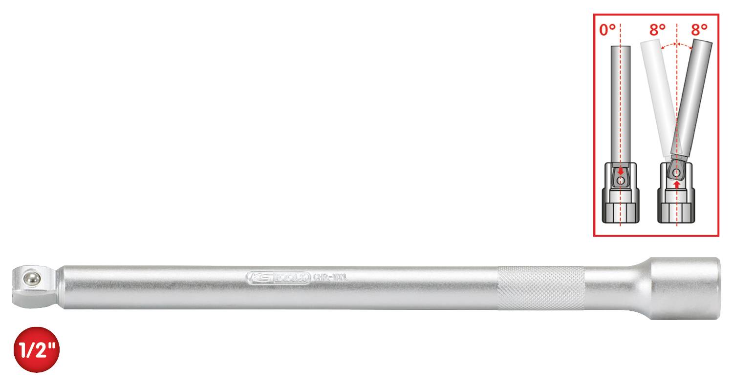'Ratchet angle bar with 1/2 inch drive. Illustration shows product details and demonstrates a possible pivoting range of 0 to 8 degrees.'
