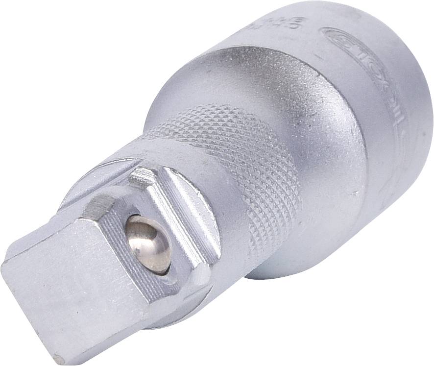 A silver socket with a square drive, used for securing bits on ratchets or keys, manufactured from metal.