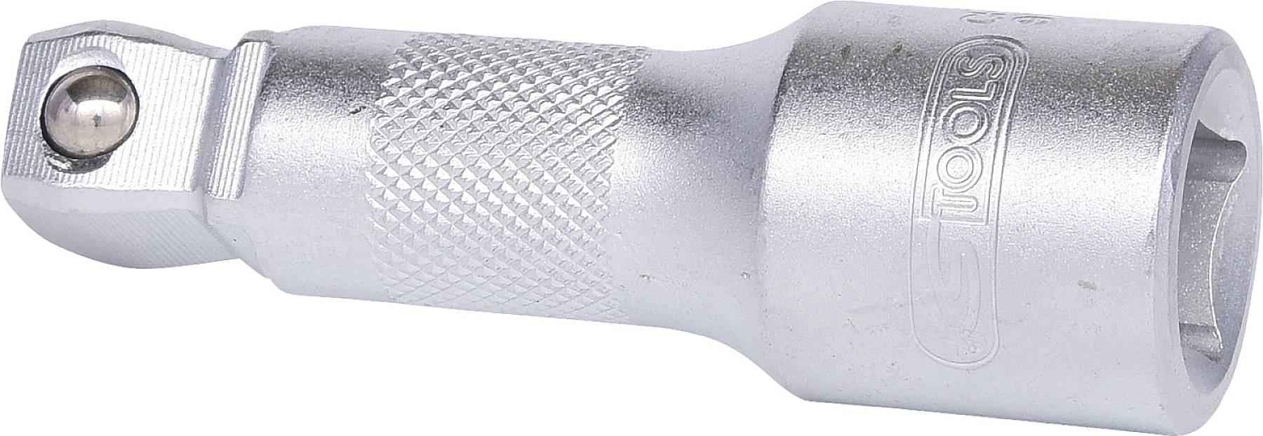 Silver socket insert with knurled handle and ball mechanism, suitable for use with a ratchet tool.
