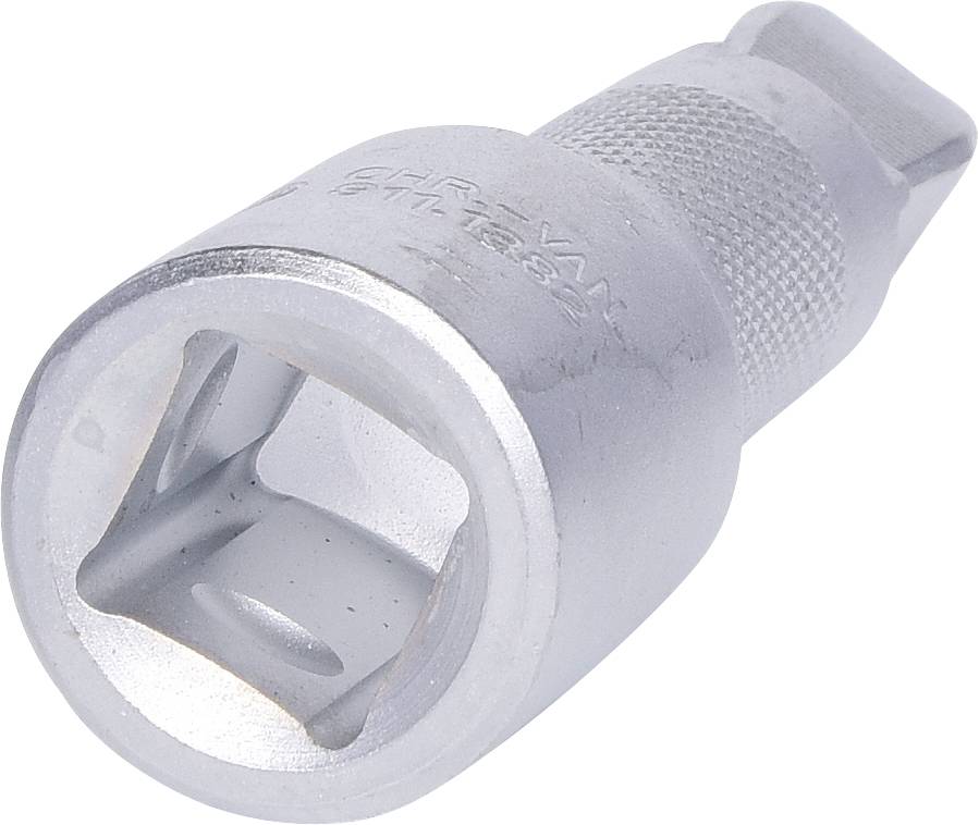 A silver-coloured socket key adapter with a square hole. Used for connecting tools of different sizes.